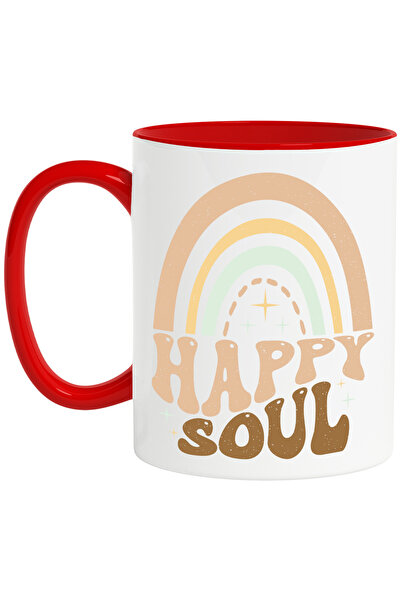 StoryGift Romania Cana cu niste porti si cu textul "Happy soul" - suflet fericit cu Maner Rosu, Cu Maner Rosu