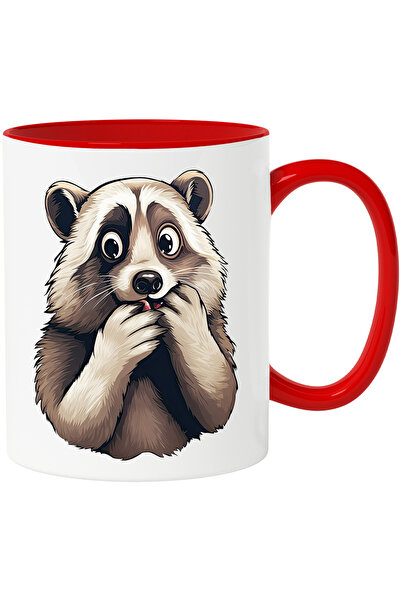 StoryGift Romania Cana cu un raton speriat | uimit | socat | ilustratie | animalut | fricos | a fa, Cu Maner Rosu