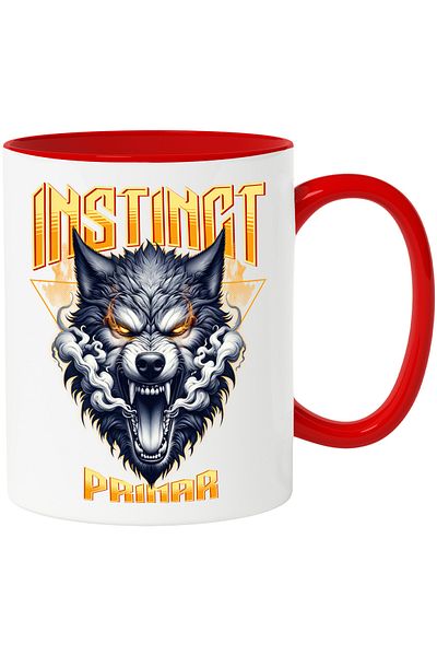 StoryGift Romania Cana Lup furios salbatic Text Instinct Primar, 330ml, Ceramic cu Maner Rosu, Cu Maner Rosu