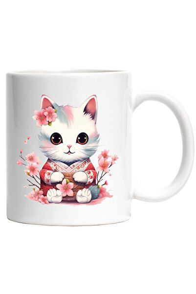 StoryGift Romania Cana cu o pisicuta in vestimentatie traditionala din Japonia | ilustratie flori , Cu Maner Alb