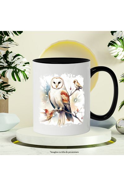 StoryGift Romania Mug With Owl, Birds, Branch, Leaves, Flowers, Illustration, Multicolor 330 ml, , With ,STG