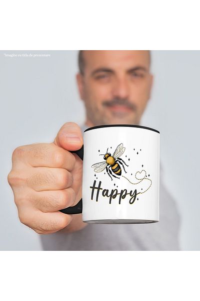 StoryGift Romania Cana cu albina in zbor cu mesajul "Happy", fericire, bucurie, stelute, insecta, , Cu Maner Negru