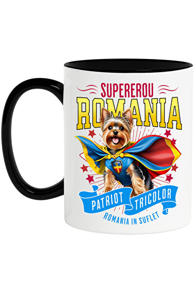 StoryGift Romania Mug with Yorkshire Terrier Dog in Captain Romania Costume with Cape, Hero N, with Black Handle