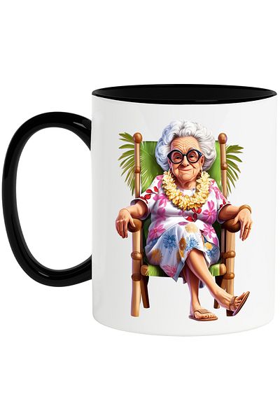 StoryGift Romania Cana cu o bunicuta cu ochelari care se relaxeaza intr-un loc exotic | frunze | c, Cu Maner Negru