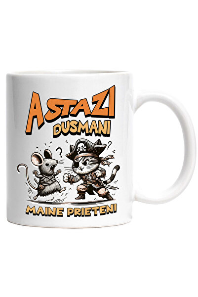 StoryGift Romania Cana Pisica si Soricel Text Astazi Dusmani Maine Prieteni, 330ml, Ceramic cu Man, Cu Maner Alb