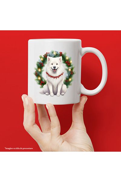 StoryGift Romania Cana cu un caine alb cu un lant din vasc la gat, ilustratie, coroana, sarbatori,, Cu Maner Alb