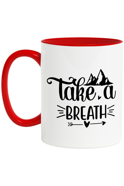 StoryGift Romania Cana cu inimioare si munti cu mesajul "Take a breath" - ia o gura de aer/o pauza, Cu Maner Rosu
