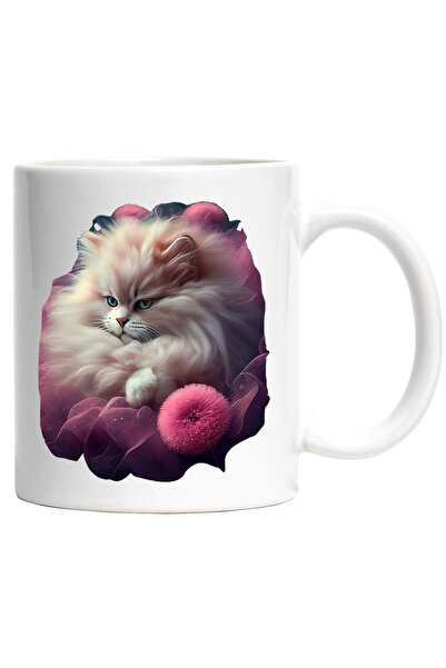 StoryGift Romania Cana Cu Pisica Alba,Par lung, Flori, Magic, Fantastic, Iubitorii de Pisici,Ceram, Cu Maner Alb