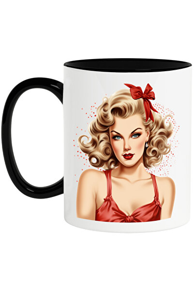 StoryGift Romania Cana cu femeie frumoasa cu maiou rosu, funda, blonda, ilust...