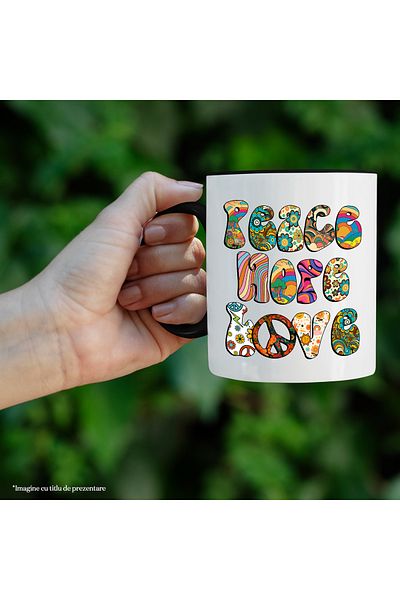 StoryGift Romania Mug with the message "Peace, hope, love", hippie style, culture, illustration, psychedelic, With