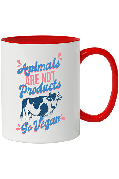 StoryGift Romania Cana Cu Mesaj Animals Are Not Products Go Vegan, Vaca, Multicolor 330 ml, Cerami, Cu Maner Rosu
