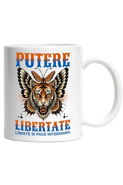 StoryGift Romania Cana cu Tigru Furios Cu Colti Aripi De Flutur Text Putere Libertate Motivational, Cu Maner Alb