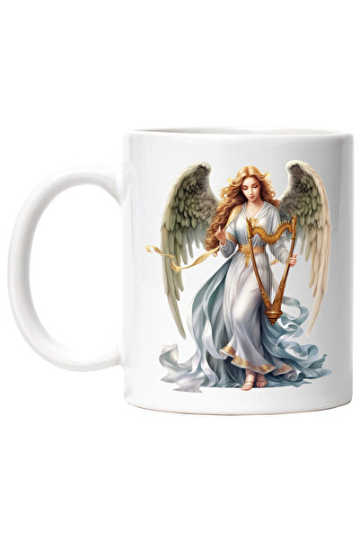 StoryGift Romania Cana cu o femeie cu aripi de inger | ilustratie | tine o harpa | instrument muzi, Cu Maner Alb
