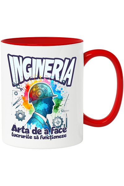 StoryGift Romania Cana Silueta Barbat Cu Casca Protectie Text Ingineria, 330ml, Ceramic cu Maner R, Cu Maner Rosu