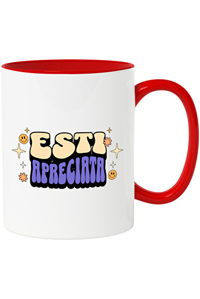 StoryGift Romania Cana Esti Apreciata, 330ml, Ceramic cu Maner Rosu, Cu Maner...