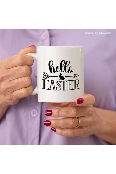 StoryGift Romania Cana cu iepuras si cu textul "Hello, Easter" - Paste sarbatoare cu Maner Alb, Cu Maner Alb