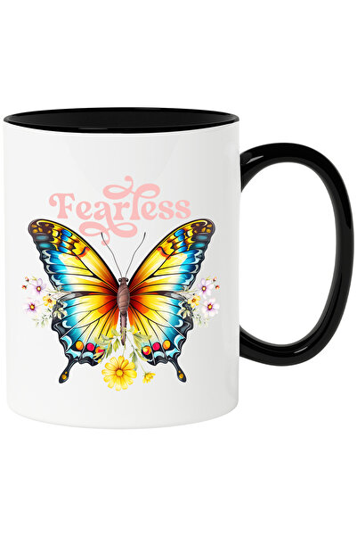 StoryGift Romania Cana cu fluture cu mesajul "Fearless", curajos, neinfricat, de neoprit, insecta,, Cu Maner Negru