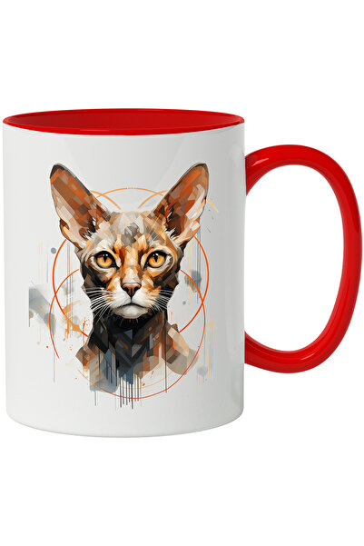 StoryGift Romania Cana Cu Cap De Pisica, Cerc, Geometric, Dungi, Linii, Multicolor 330 ml, Ceramic, Cu Maner Rosu