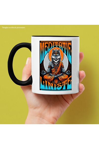 StoryGift Romania Meditation and Peace Mug - Wolf doing Yoga, 330ml, Ceramic with Black Handle, With Handle, STG.