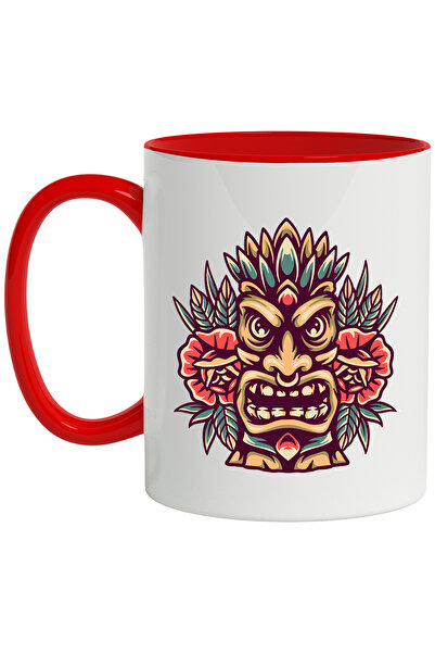 StoryGift Romania Cana Cu Masca, Totem, Flori, Frunze, Tropical, Piercing, Multicolor 330 ml, Cera, Cu Maner Rosu