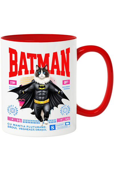 StoryGift Romania Cana cu Ragdoll Pisica In Costum de BatMan cu Pelerina, Erou Nocturn, Desene ani, Cu Maner Rosu