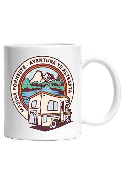 StoryGift Romania Cana masina porneste aventura te asteapta caravana, 330ml, Ceramic cu Maner Alb, Cu Maner Alb