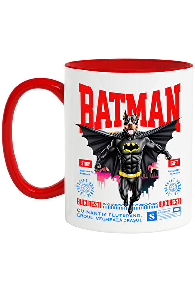 StoryGift Romania Cana cu PITBULL Caine In Costum de BatMan cu Pelerina, Erou Nocturn, Desene anim, Cu Maner Rosu