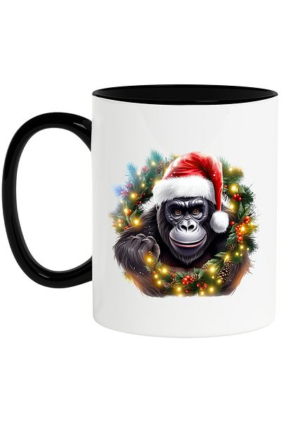 StoryGift Romania Mug with a gorilla wearing a Christmas hat, illustration, tableware, lights, celebration, With ,STG