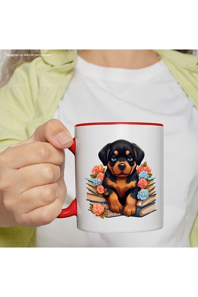 StoryGift Romania Mug with a Rottweiler puppy sitting on some books | stacks | flowers | nature, With ,STG