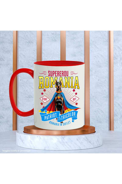 StoryGift Romania Mug with Doberman Pinscher Dog in Captain Romania Costume with Cape, Hero N, with Red Handle