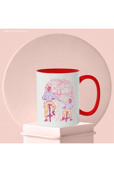 StoryGift Romania Mug With Parent, Child, Bicycle, Cycling, Dad, Trees, Multicolor 330 ml, Sky, With ,STG