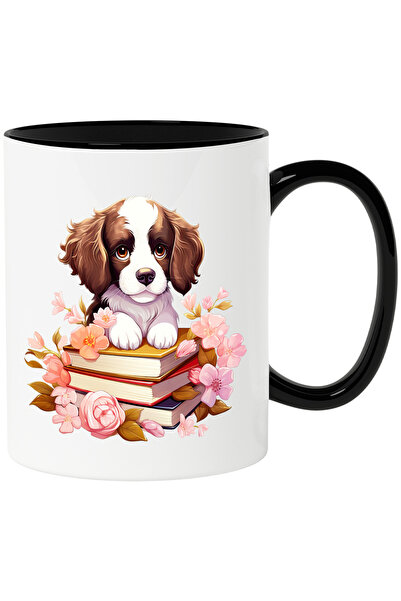 StoryGift Romania Cana cu un catel care sta pe un teanc cu carti | ilustratie...