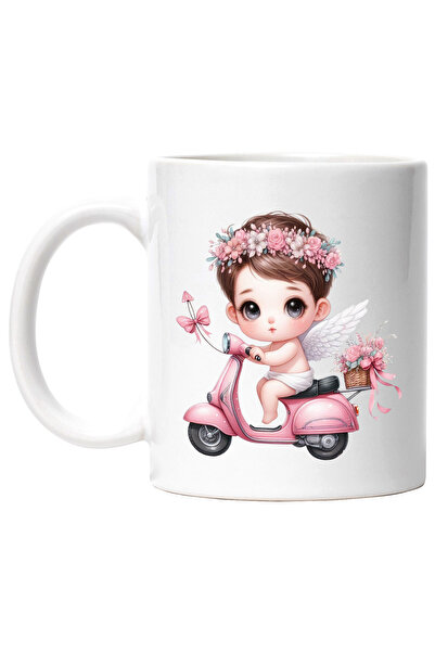 StoryGift Romania Cana cu un bebelus Cupidon care merge cu scuterul, ilustrat...