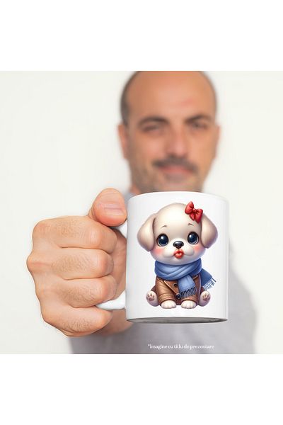 StoryGift Romania Cana cu un catelus care da un pupic | ilustratie | fular | imbracat gros | frig , Cu Maner Alb