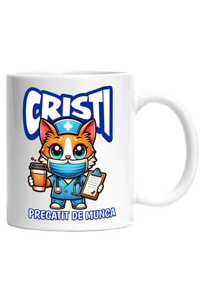StoryGift Romania Cana cu Pisica Galbena Motan In Costum Medical Doctor Cu Fi...