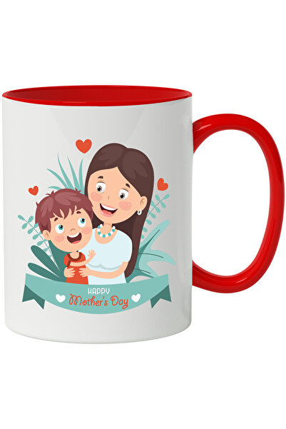 StoryGift Romania Cana Cu Mesaj In Engleza Happy Mother's Day, Mama, Copil, Frunze, Multicolor 330, Cu Maner Rosu