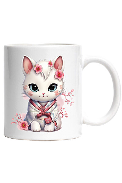 StoryGift Romania Cana cu o pisicuta in vestimentatie traditionala din Japonia | ilustratie | flor, Cu Maner Alb