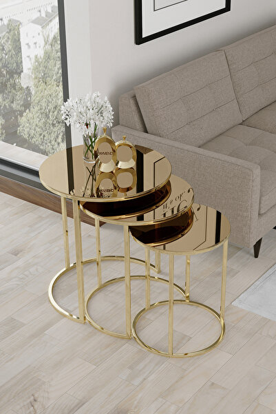 FAYMEND 3'lü Gold Zigon Sehpa (BRONZ AYNALI)