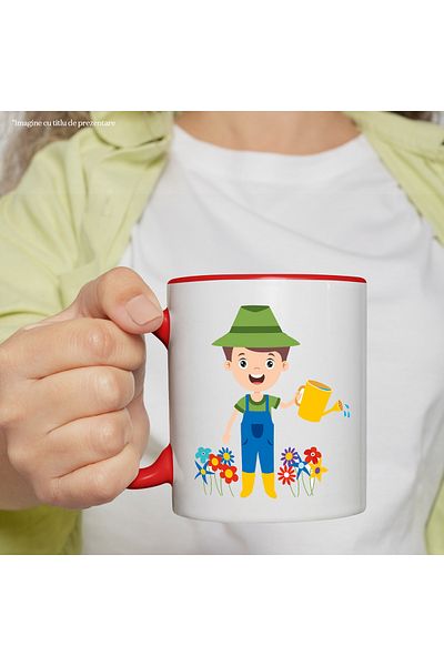 StoryGift Romania Cana Cu Gradinar, Flori, Stropitoare, Cizme, Palarie, Apa, Salopeta, Multicolor , Cu Maner Rosu