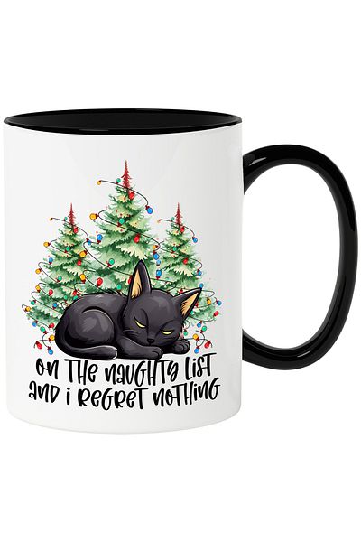 StoryGift Romania Mug with sleeping black kitten with the message "On the naughty list and I regret not, With ,STG
