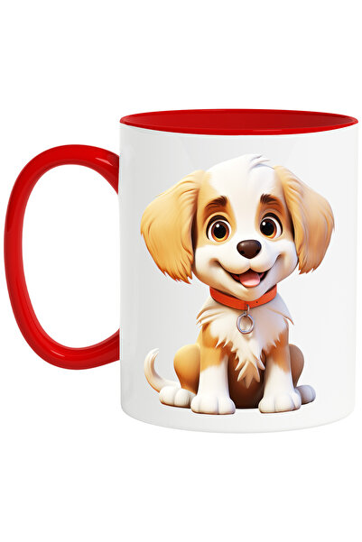 StoryGift Romania Cana cu un catel vesel, ilustratie, zgarda, portocaliu, alb, pentru iubitorii de, Cu Maner Rosu