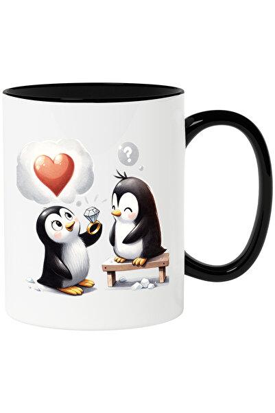 StoryGift Romania Cana cu 2 pinguini veseli | ilustratie | inel din aur cu diamant | Polul Nord | , Cu Maner Negru