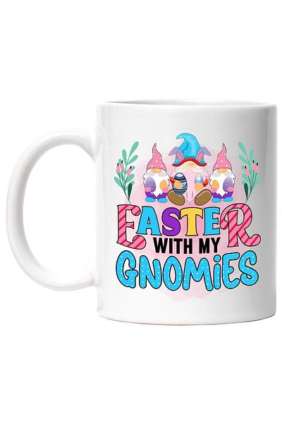 StoryGift Romania Cana cu mesajul "Easter with my gnomies", pitici, Paste fericit, ilustratie, sar, Cu Maner Alb