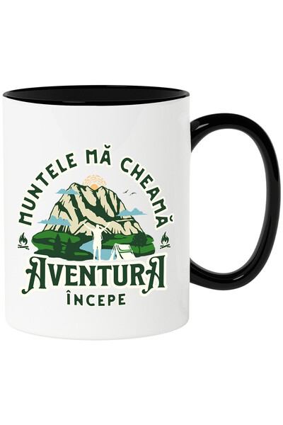 StoryGift Romania Cana cu Munte Inalt Silueta barbat Cu Cortul Text Muntele ma Cheama Aventura Inc, Cu Maner Negru