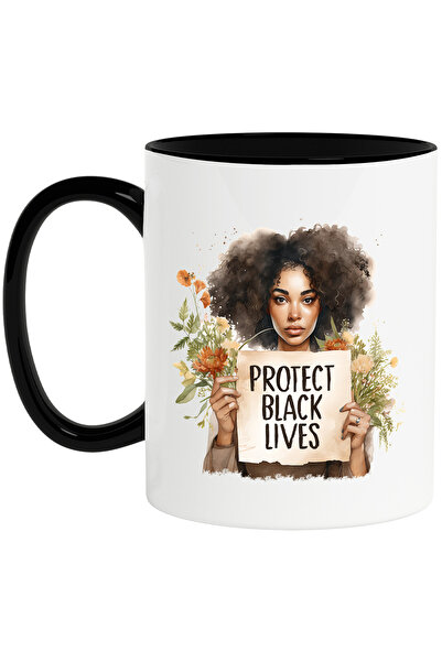 StoryGift Romania Cana cu o femeie de culoare cu mesajul "Protect black lives", negre, vieti, prot, Cu Maner Negru