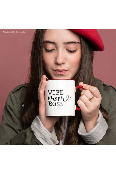 StoryGift Romania Mug with heart and the text "Wife, mom, boss" - wife, mom, boss with Red Handle, With,STG