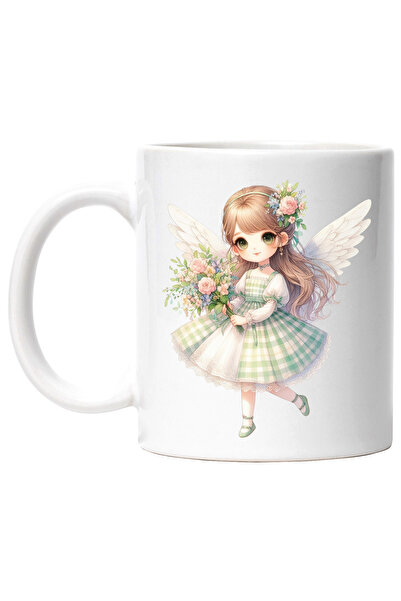 StoryGift Romania Cana cu o fetita cu aripi de ingeras | ilustratie | floricele | buchet cu tranda, Cu Maner Alb