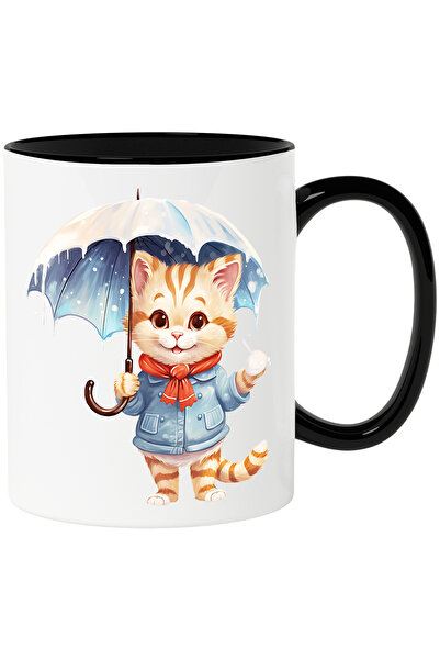 StoryGift Romania Cana cu o pisica vesela care tine o umbrela deschisa | ilus...