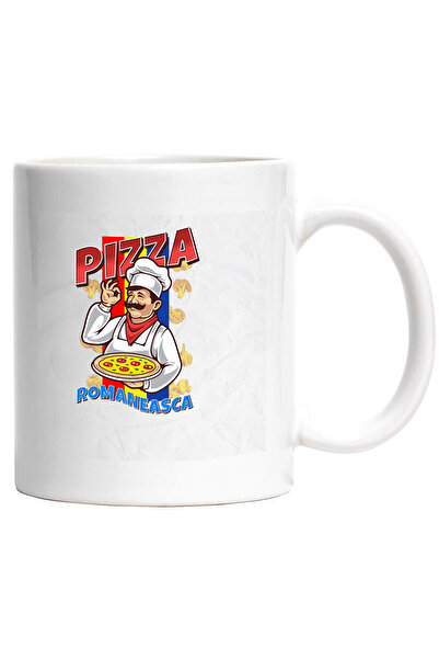 StoryGift Romania Cana cu Bucatar Cheff Gras Cu Mustata Si Palarie Rosie Steagul Romaniei Pizza Ro, Cu Maner Alb