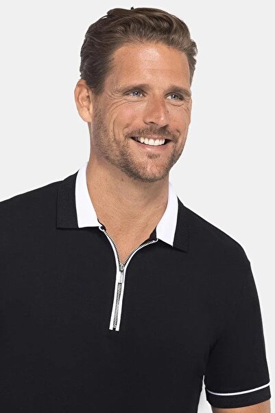 Tudors Erkek Slim Fit Dar Kesim %100 Pamuk Düz Pike Fermuarlı Siyah Polo Yaka...